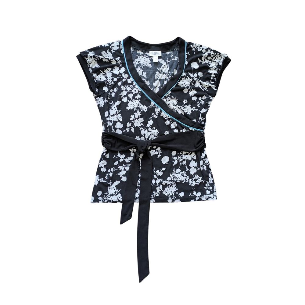 Y2K  LOFT Babydoll Top Women L Black-White Floral Asian Whimsigoth Fairy Cottage